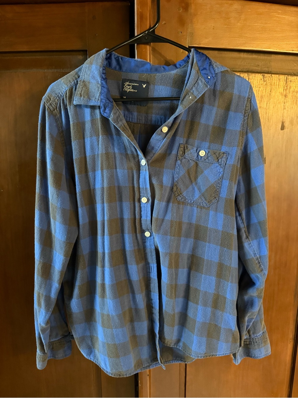 American Eagle Buffalo Blue and Black Plaid Button-Up Shirt